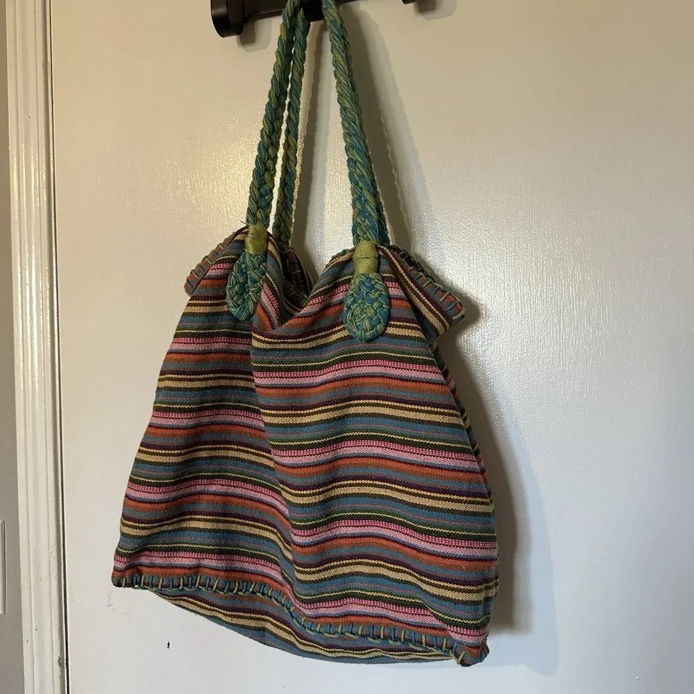 Limited Y2K Fabric & Yarn Large Hobo‎ Bag W/ Braided Straps Rainbow Colorful