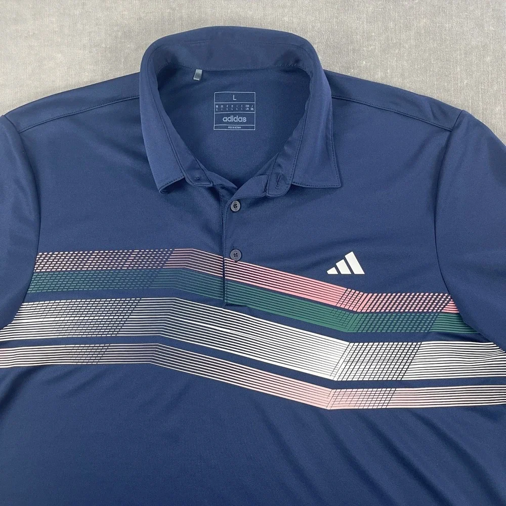 Adidas Mens Large Navy Blue Polo Shirt Geometric Chest Stripe Performance