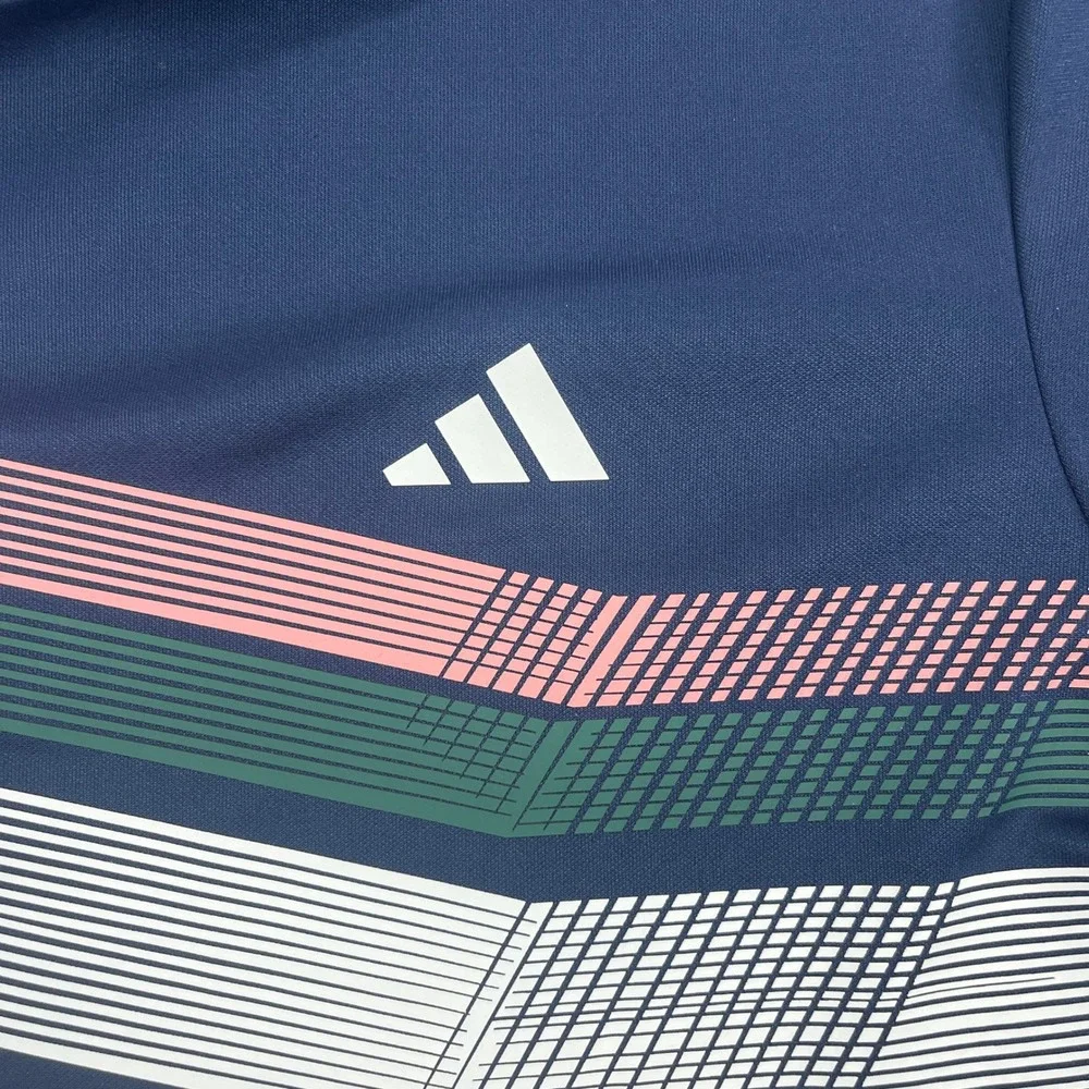Adidas Mens Large Navy Blue Polo Shirt Geometric Chest Stripe Performance