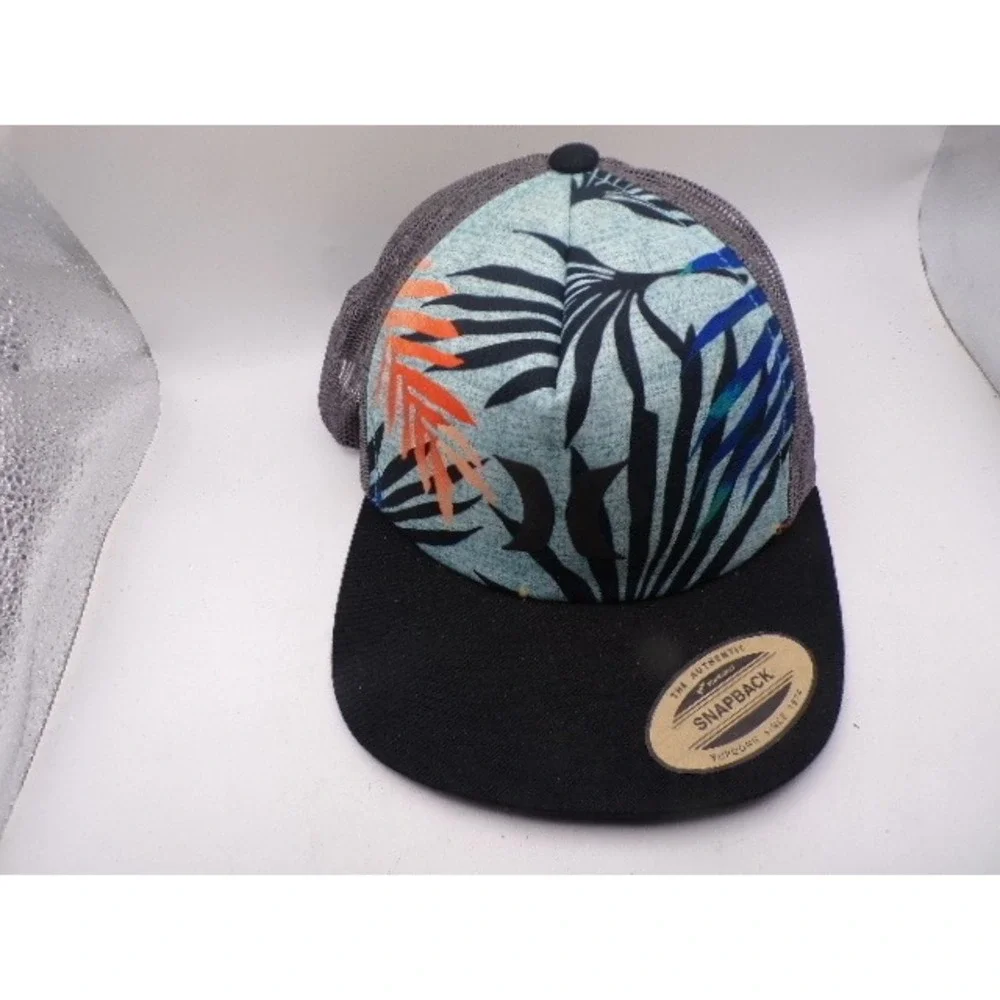 Yupoong Classics Tropical‎ Palm Print Trucker Snapback Hat Grey Mesh Flat Brim