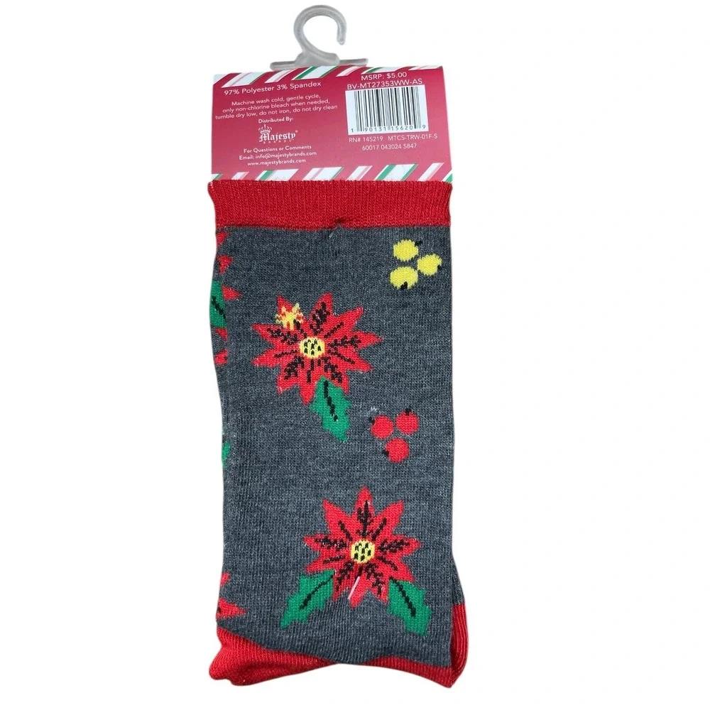 Mistle Toes‎ Crew Socks Christmas Holiday Poinsettia Festive Shoe Size 4-10