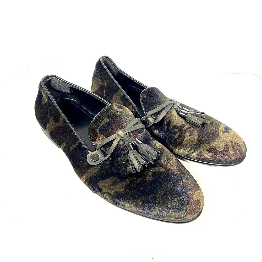 ALDO Men's Velvet Camo Tassel Loafers Dark Green Brown Sz 8