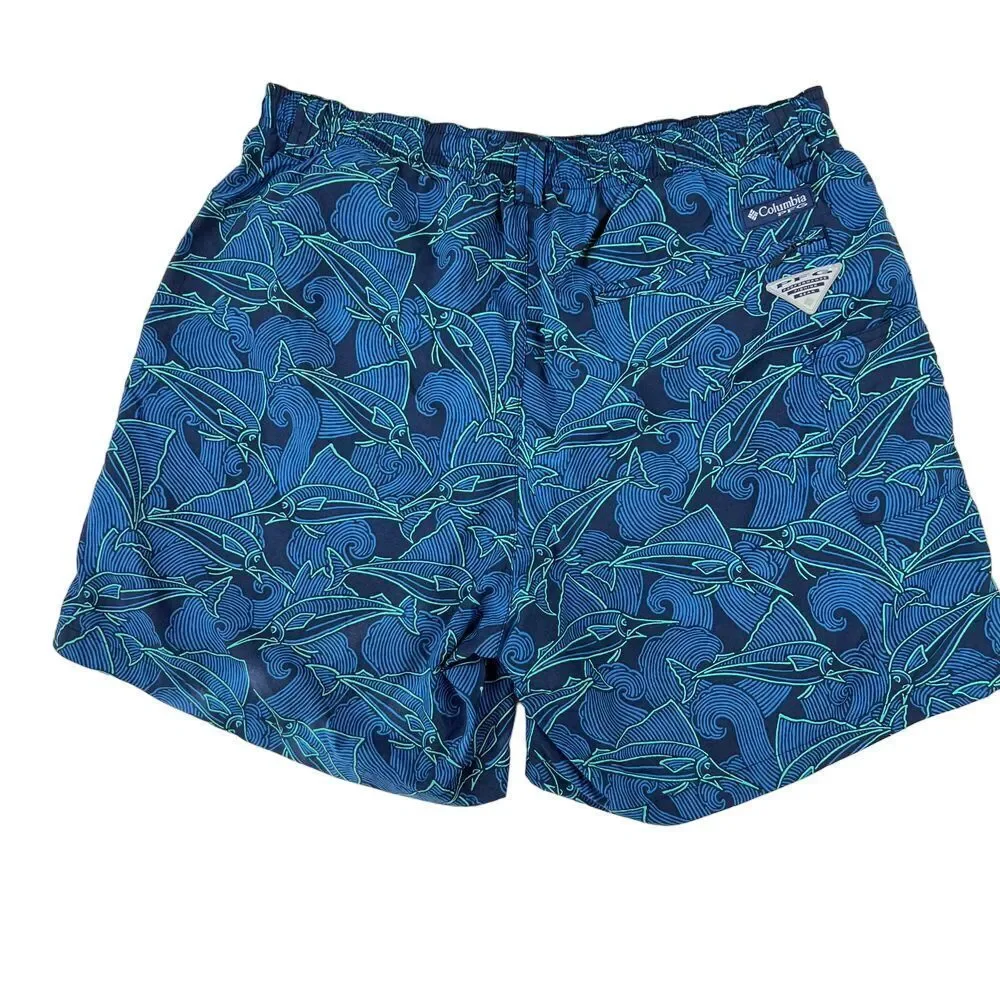 COLUMBIA Blue Marlin Print Swim Trunk Elastic Waist with Lining‎ Size Medium