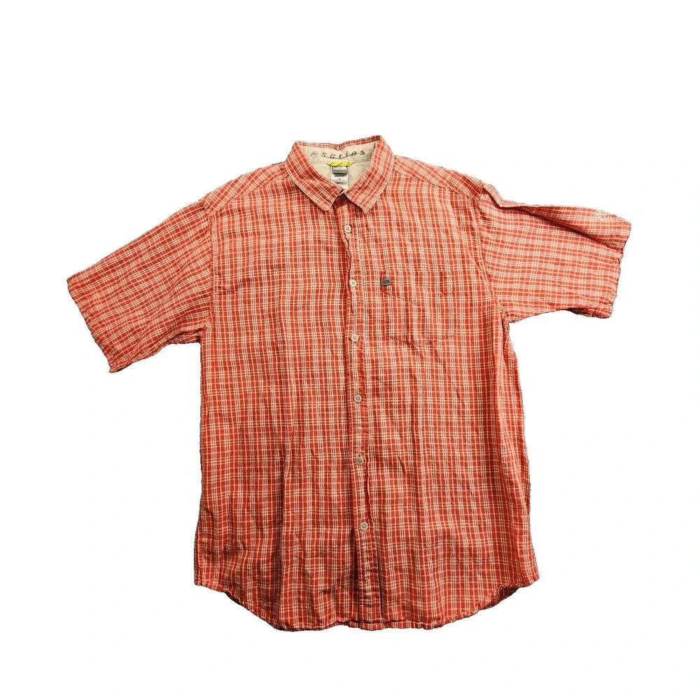 The North Face Series Red Plaid Short Sleeve Button Up Shirt Mens L Linen Cotton