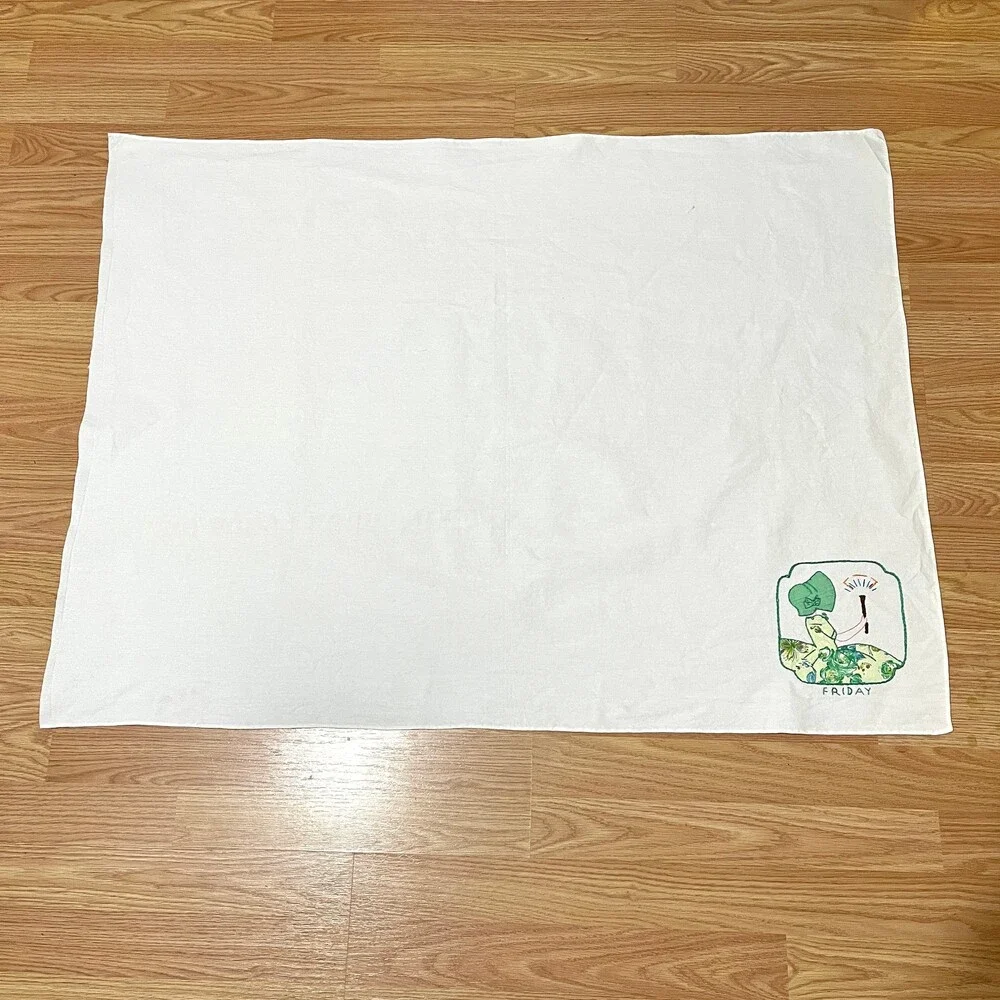 Vintage Flour Sack Embroidered Friday Green Bonnet Girl Tablecloth 39x29