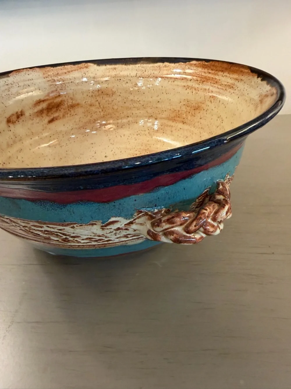 Artisan Studio Pottery Bowl Handles Blue Brown Tan Signed Muddy Hands 2007