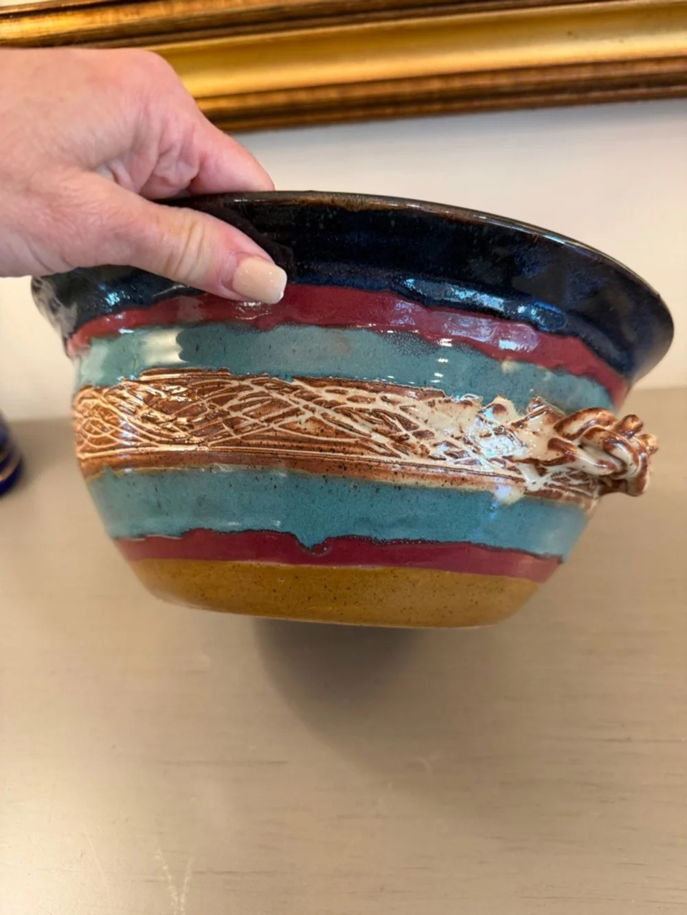 Artisan Studio Pottery Bowl Handles Blue Brown Tan Signed Muddy Hands 2007