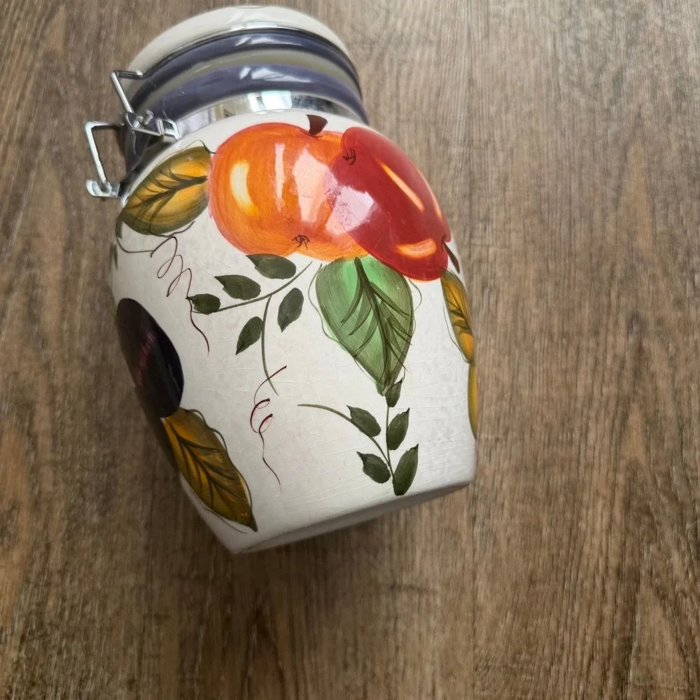 Vintage Oneida Fruit Themed Ceramic Canister Harvest Motif Cream Crackle Glaze