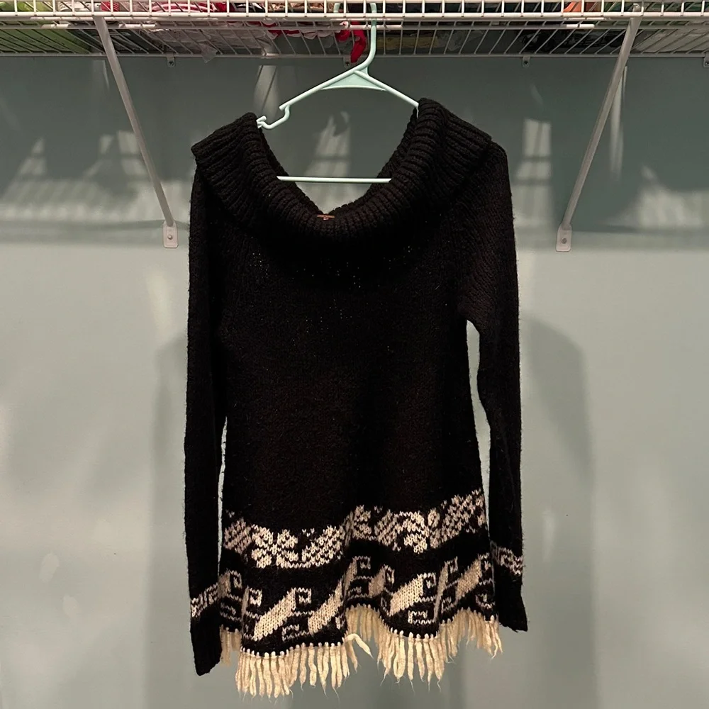 Free People Black and Cream Patterned Cowl Neck Sweater