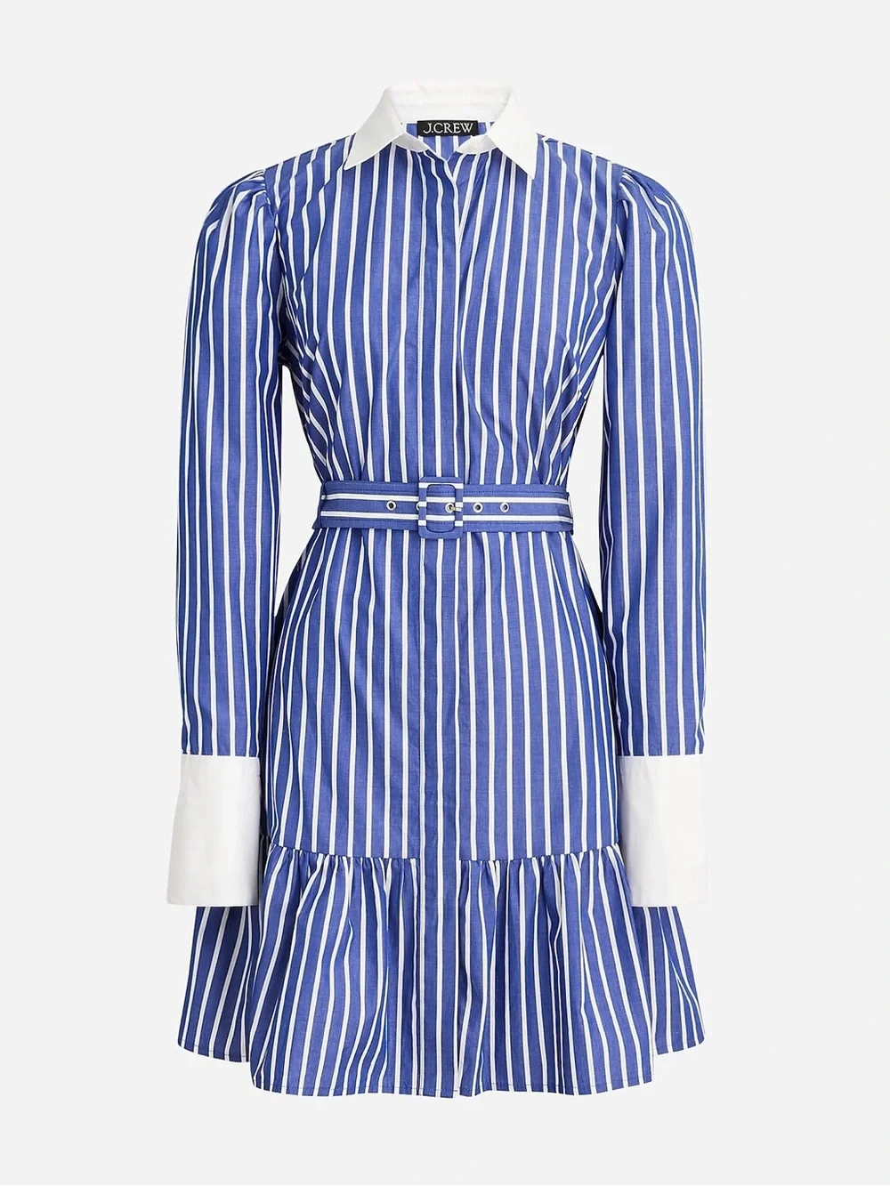 J. Crew Classic Preppy Blue & White Striped Belted Shirt Dress w/Contrast Collar