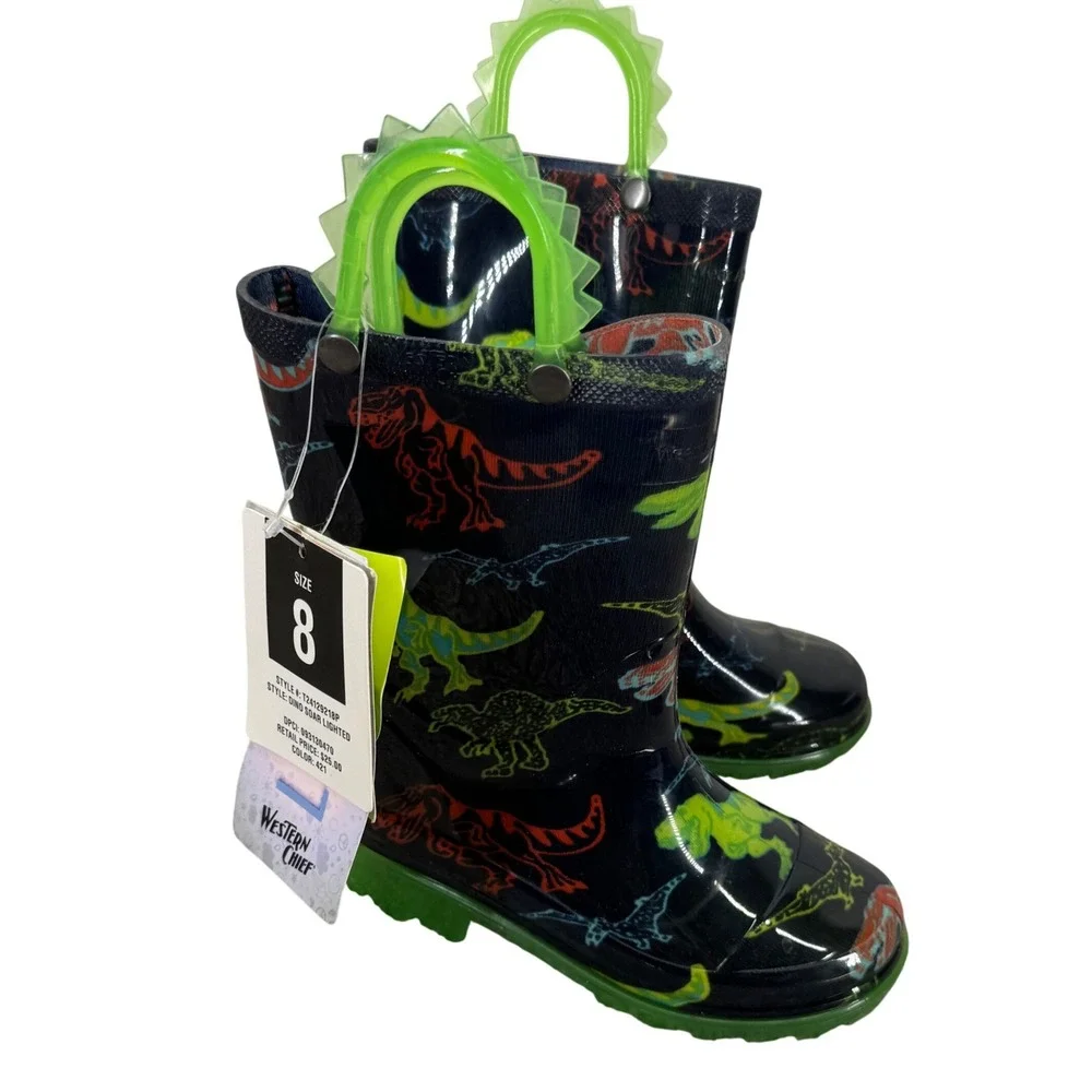 Western Chief Dino Soar Rubber Rain Boots Kid Size 8 NEW Waterproof Easy Slip On