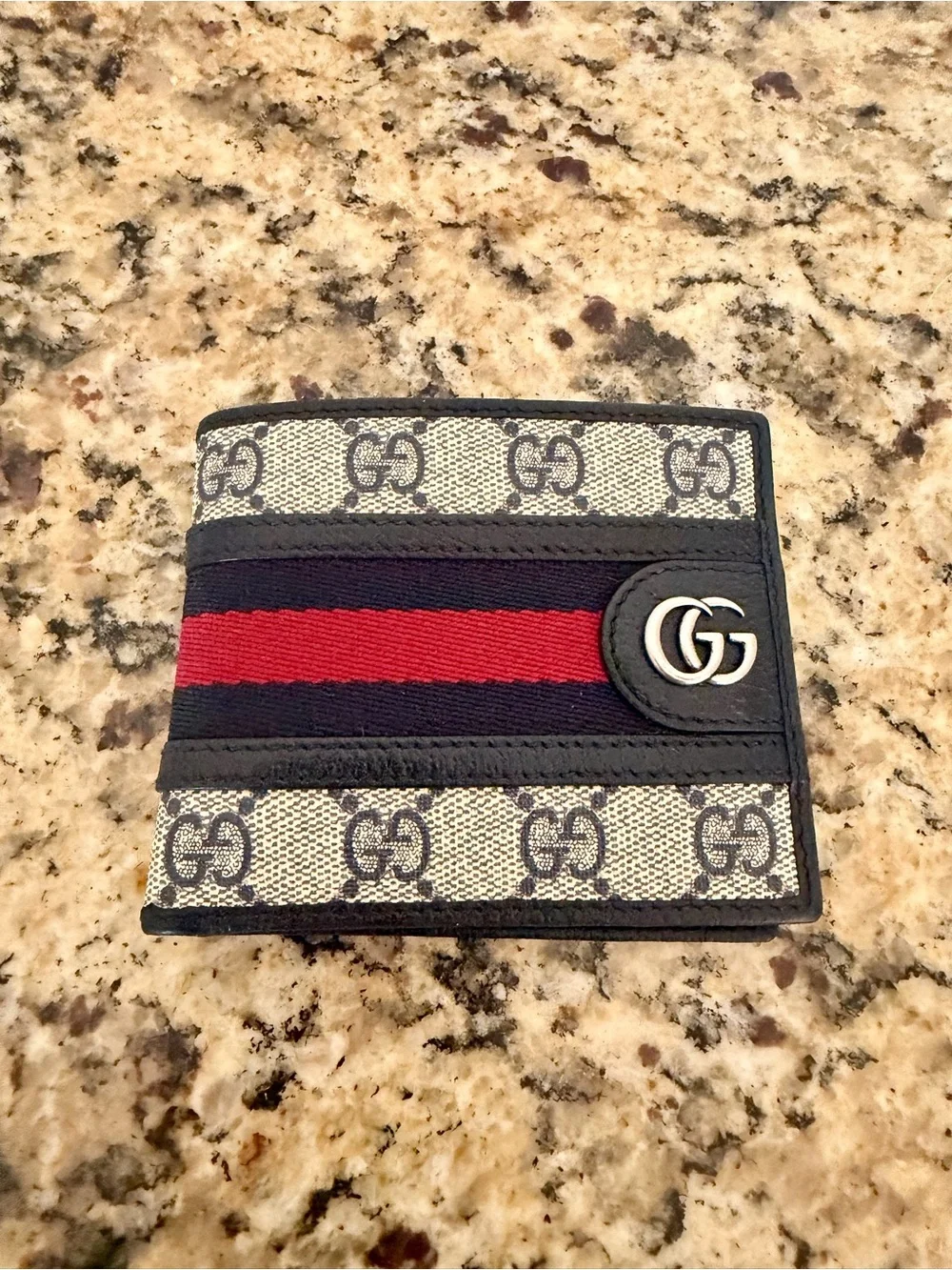Gucci Beige GG Canvas Wallet with Navy & Red Stripe and Silver GG