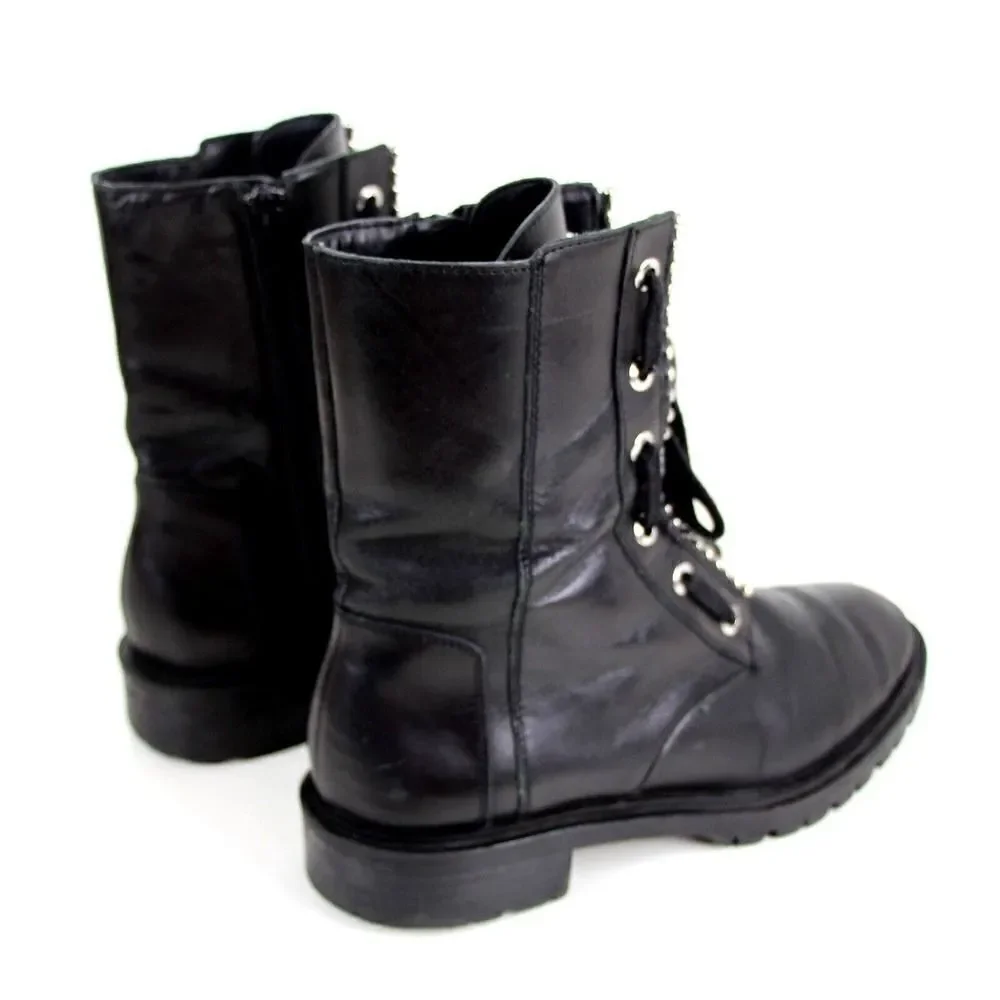 Zara BLACK GENUINE LEATHER ZIP SIDE LACE UP LOW HEEL ROUND TOE ANKLE BOOTS Sz 37