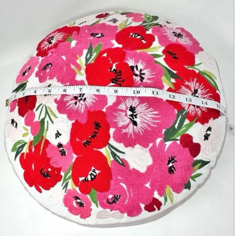PAPYRUS Garden Embroidered Poppy Flowers Round Pillow 14” Floral Cottagecore