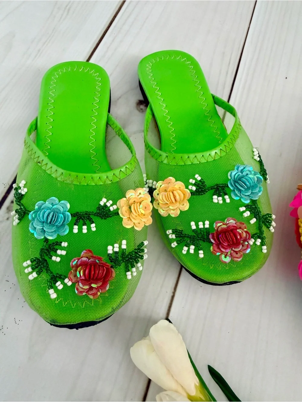 Green Embellished Floral Slide Sandals