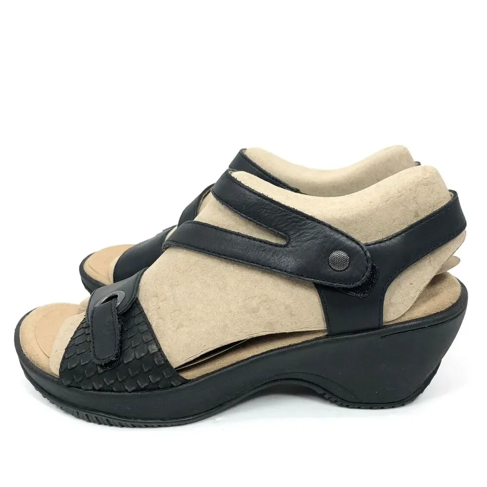 NEW OpBx Halsa Sandals 8.5 Clara Leather Mid Wedge Heels Shoes Ankle Strap Black