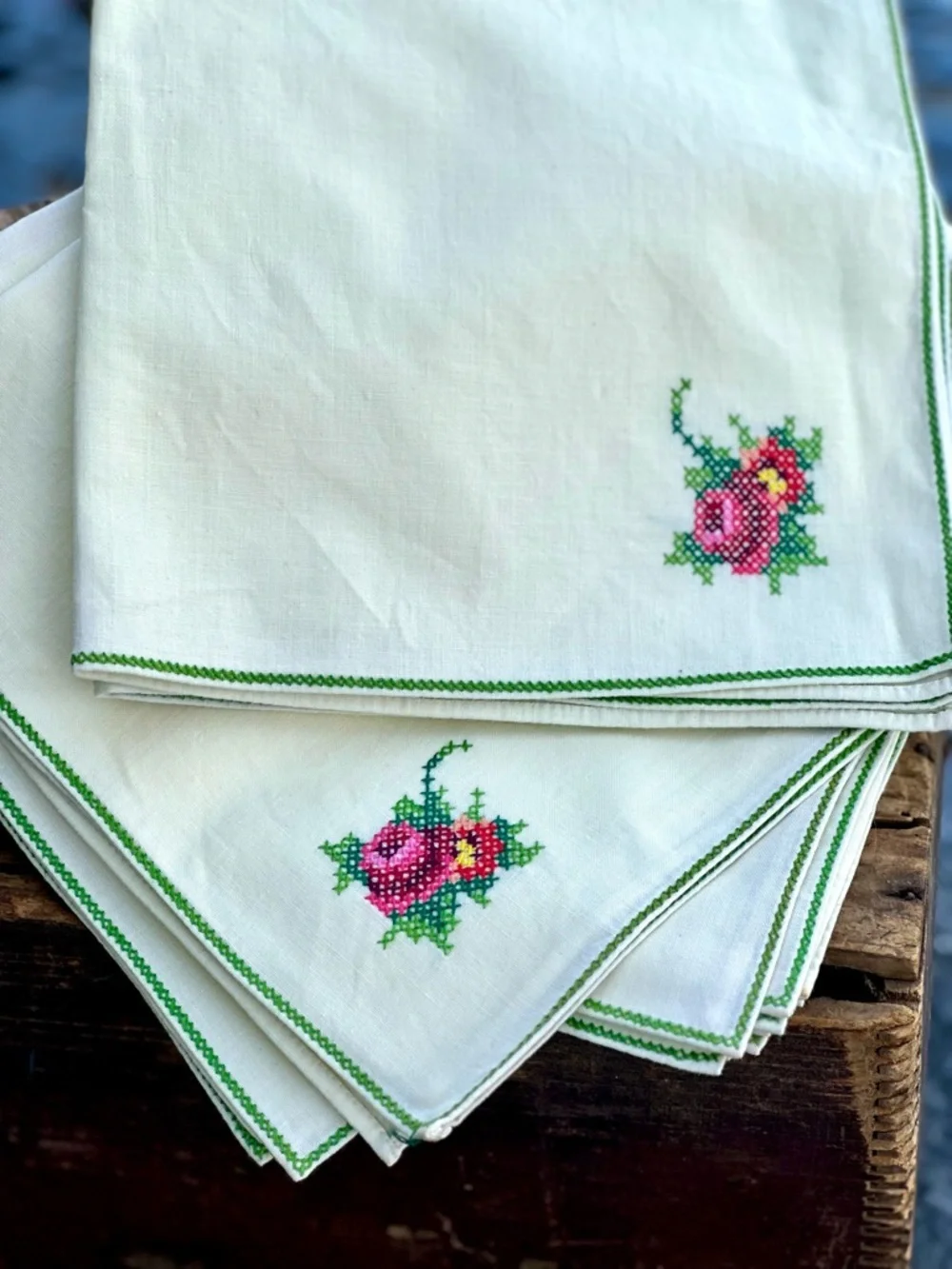 10 Soft Yellow Hand Embroidered Floral  Cotton 16 x 16 Napkins with Green Trim
