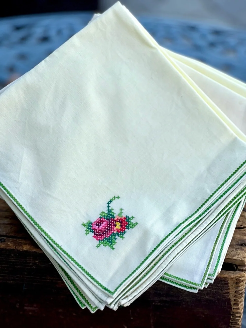 10 Soft Yellow Hand Embroidered Floral  Cotton 16 x 16 Napkins with Green Trim