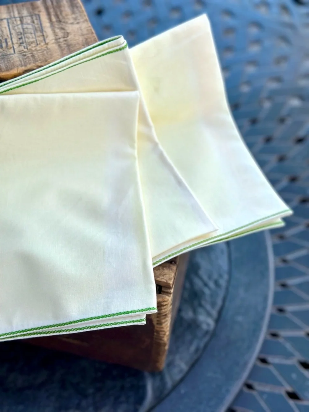 10 Soft Yellow Hand Embroidered Floral  Cotton 16 x 16 Napkins with Green Trim