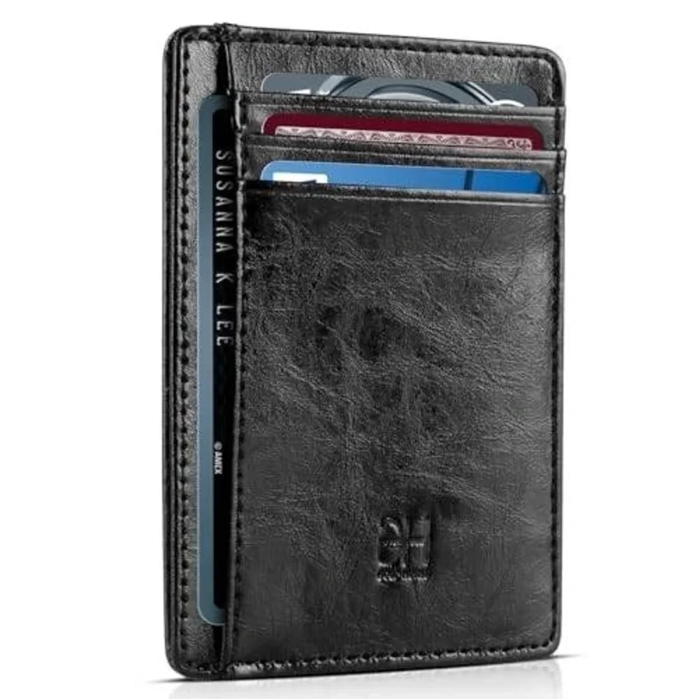 Slim Minimalist Front Pocket Wallet Black Vegan Leather‎ Card Holder RFID Block