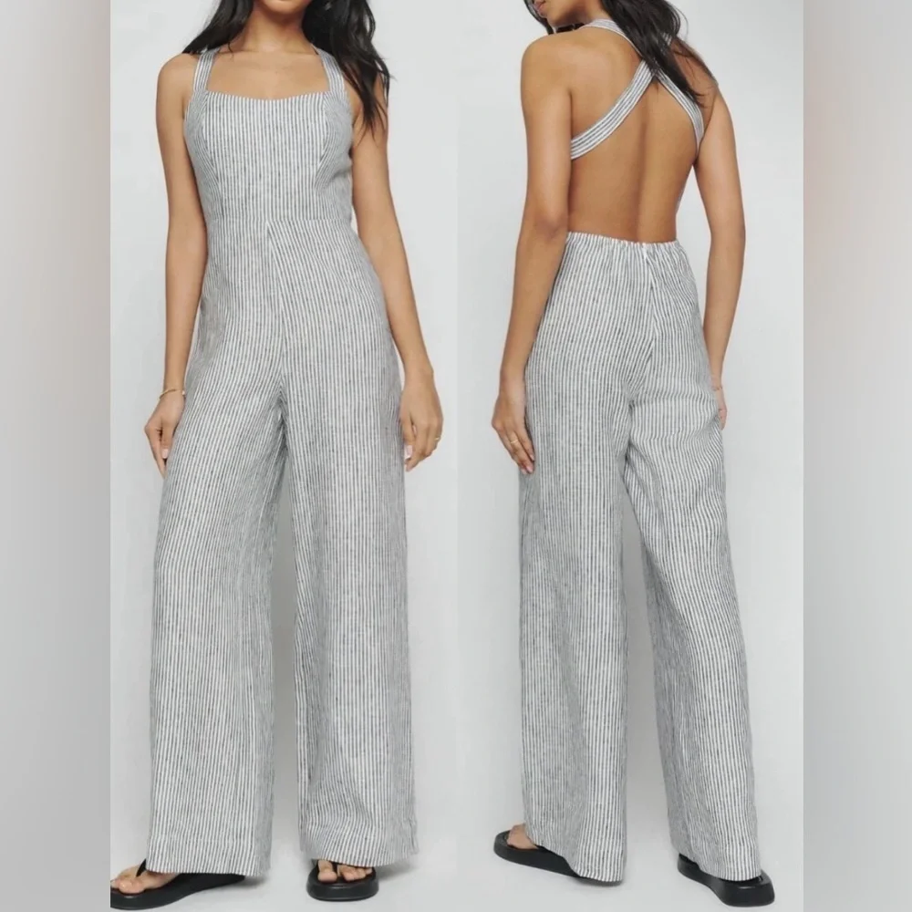 NEW Reformation Autumn Linen Jumpsuit Vineyard Stripes Size 2