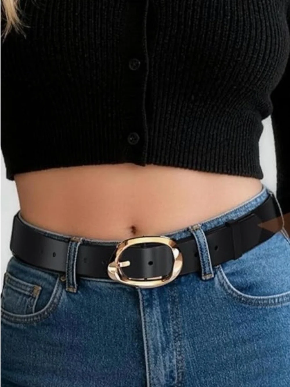 Black Faux Leather Belt with Gold Hammered Oval Buckle M