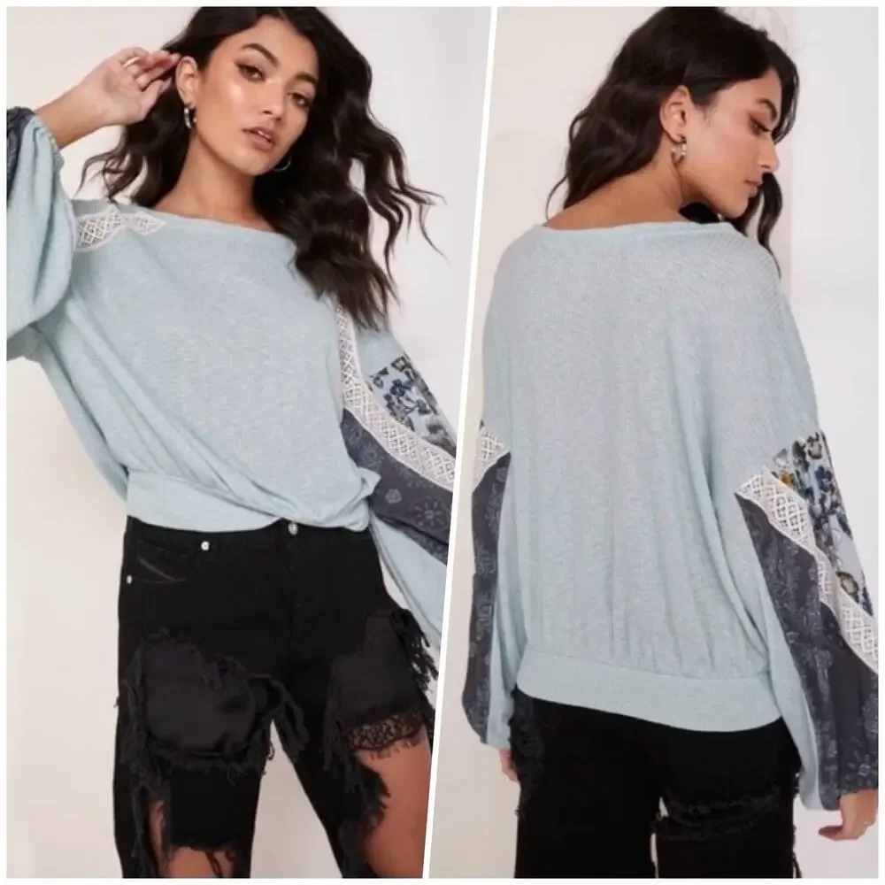 Free People | Women | Casual Clash Mint Mixed Media Balloon Sleeve Top | Small