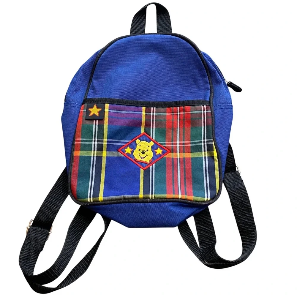 VTG Vintage Winnie the Pooh Mini Backpack‎ – Blue & Tartan Plaid – 90s Disney