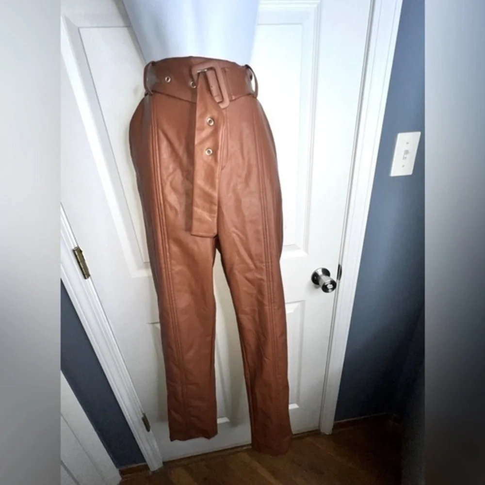 NWT BBJ Womens Large Chestnut Brown Vegan Leather Belt High Rise Trouser Pants L