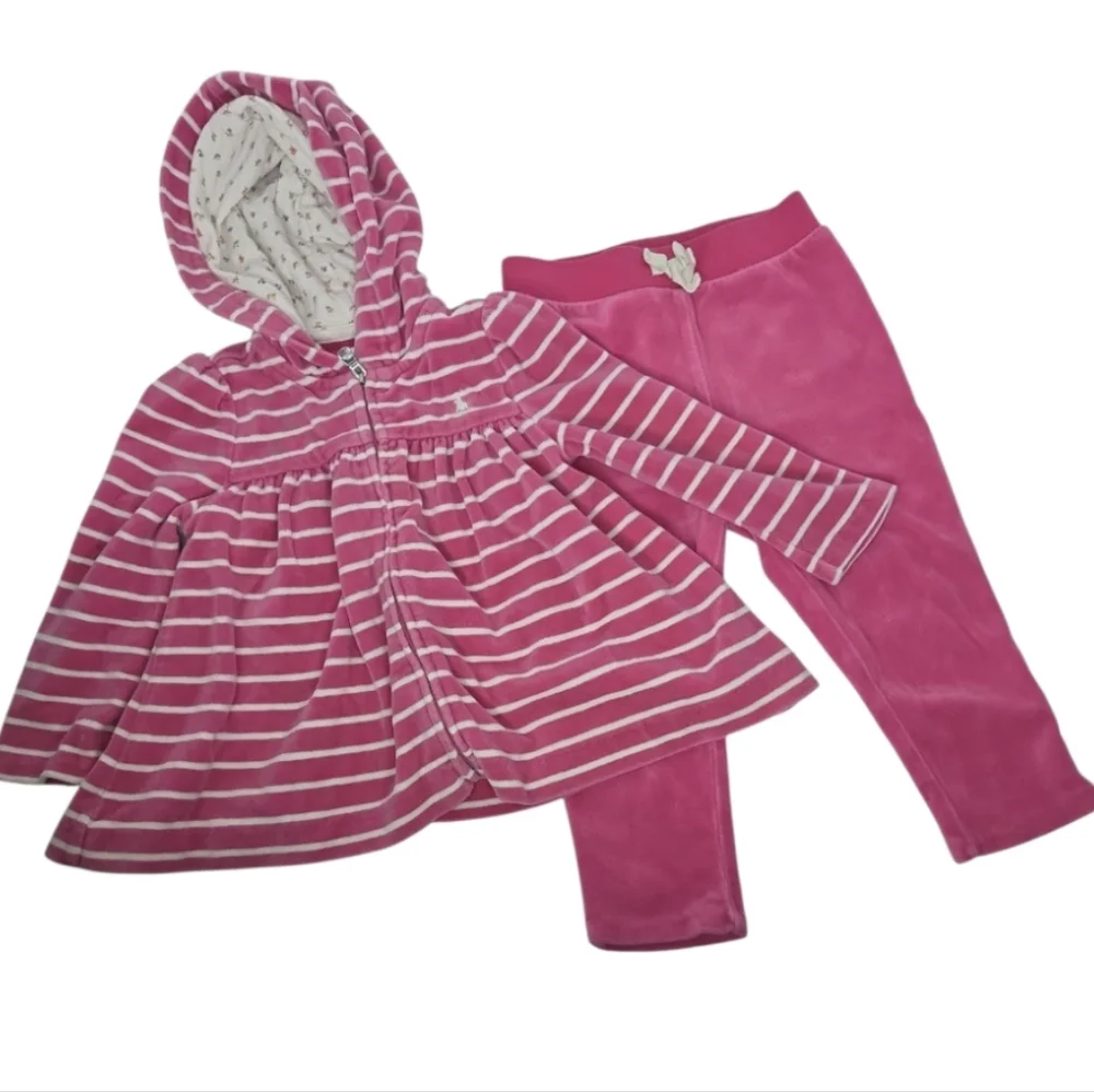 Ralph Lauren Pink Velour Hooded Bright Rose Jacket And Pants Size 12 Months