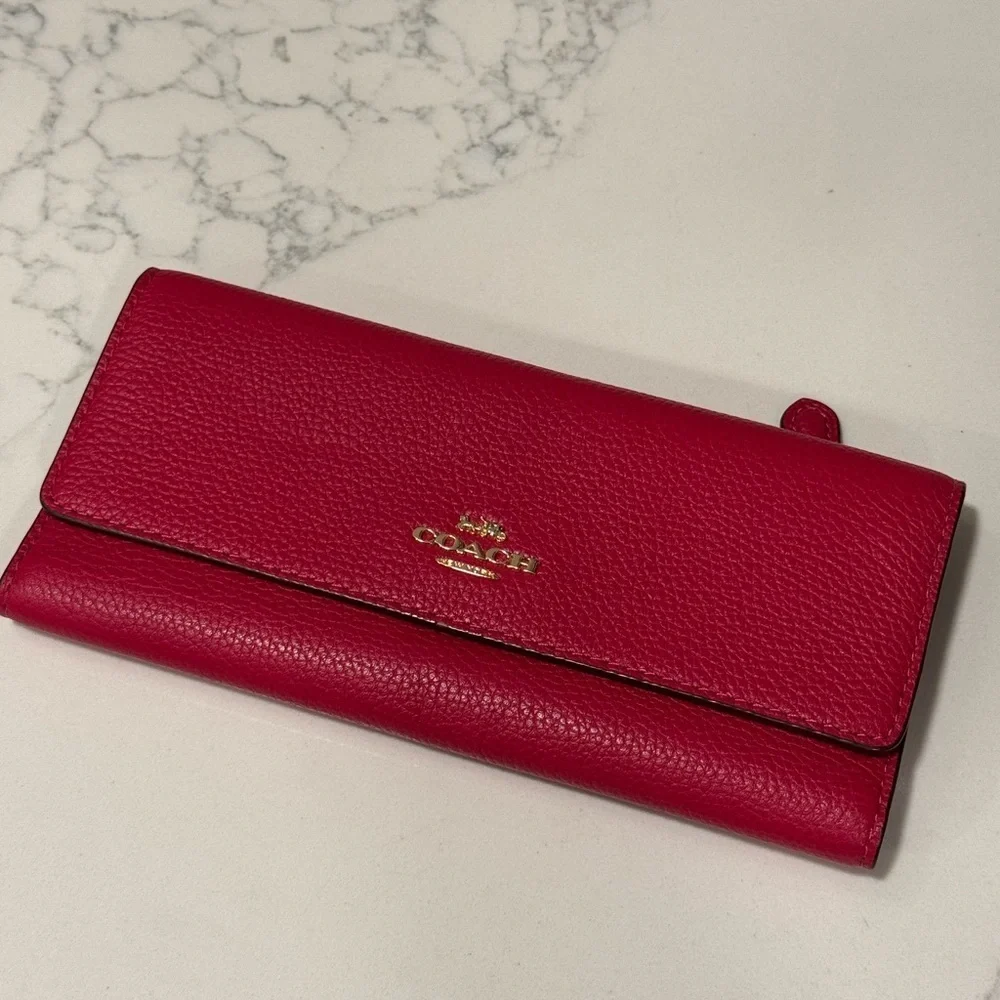 Coach Cherry Red and Gold Soft Leather Trifold