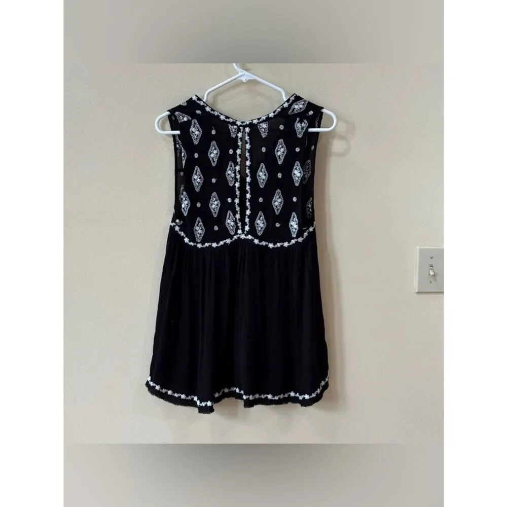 Free People black diamond embroidered sleeveless tank top