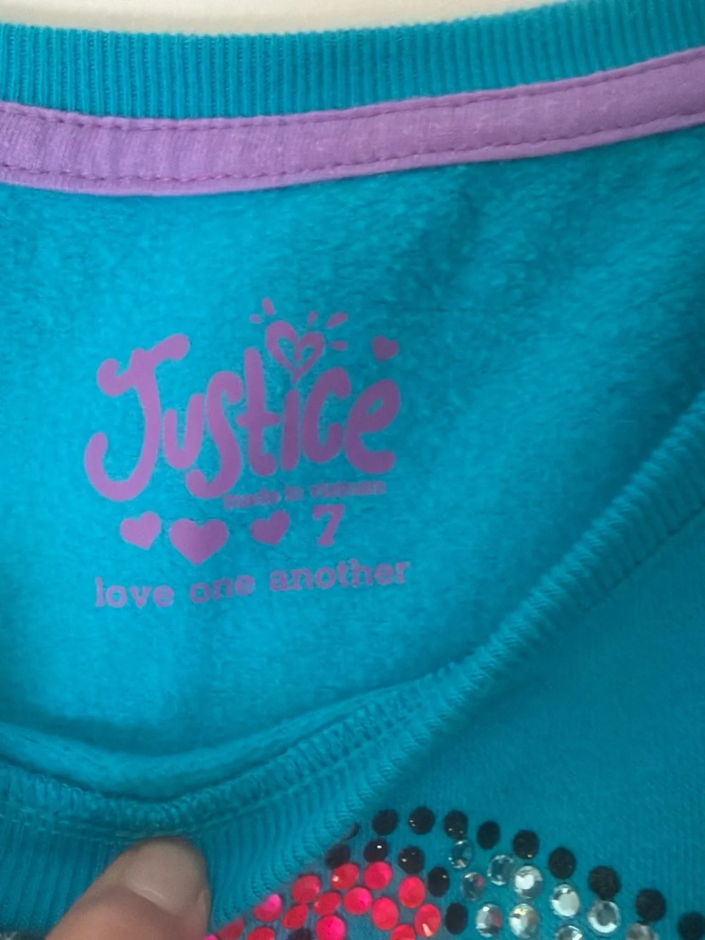 Justice Teal Long-Sleeve Crop Top with Rhinestone Peace Sign