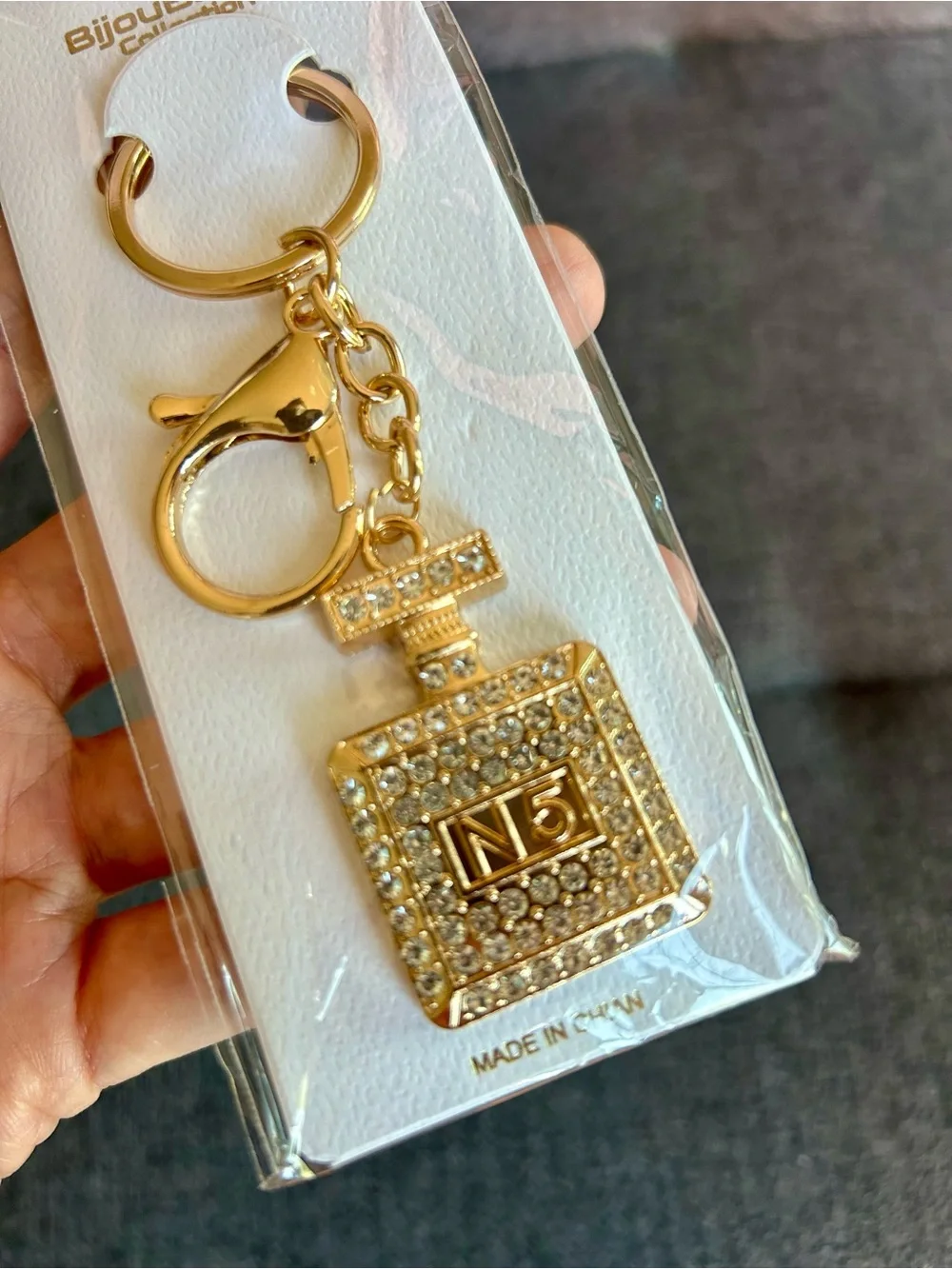 Sparkly, Gold and Clear Rhinestone Perfume Bottle Purse Charm, Charm Keychain