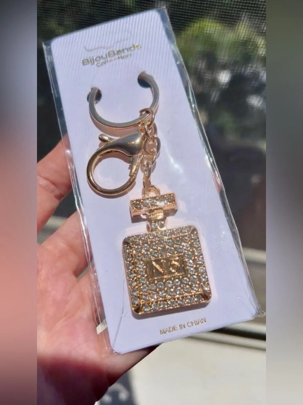 Sparkly, Gold and Clear Rhinestone Perfume Bottle Purse Charm, Charm Keychain