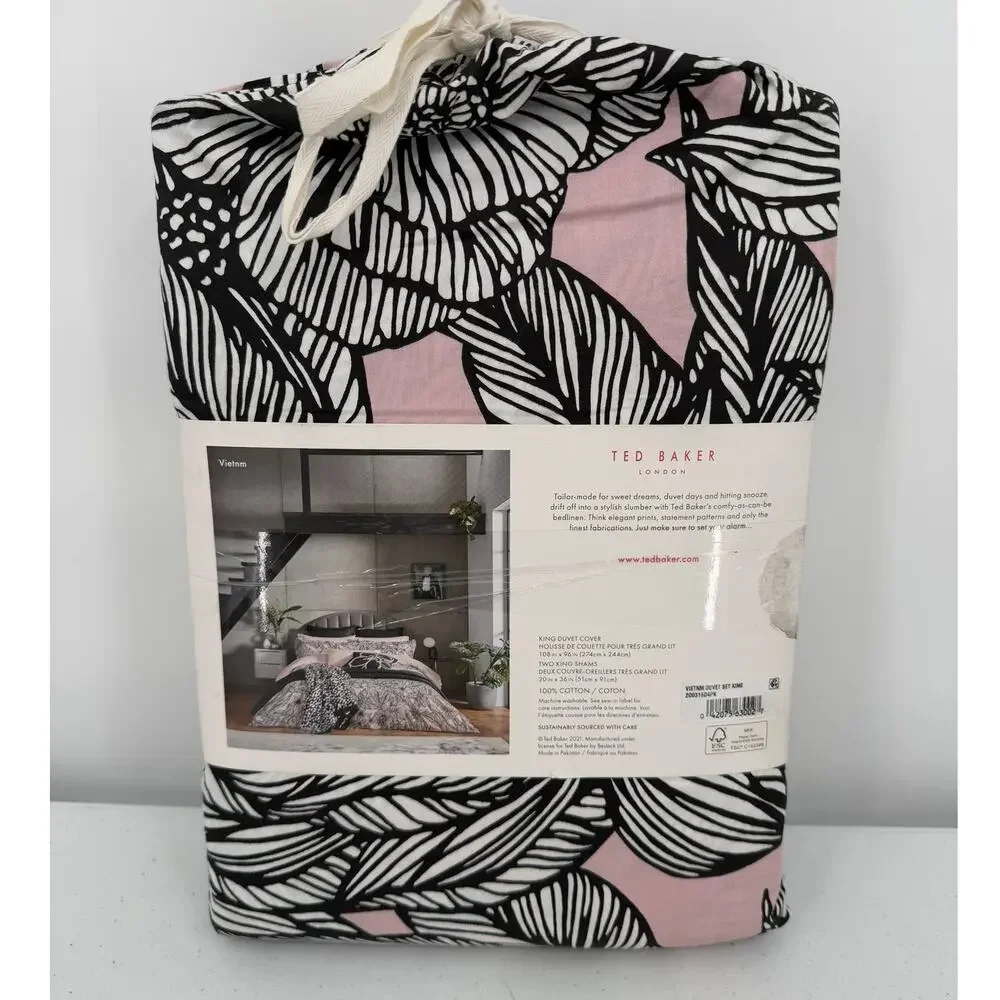 NEW Ted Baker Vietnm Floral Pink/White/Black Cotton KING Duvet Cover Set