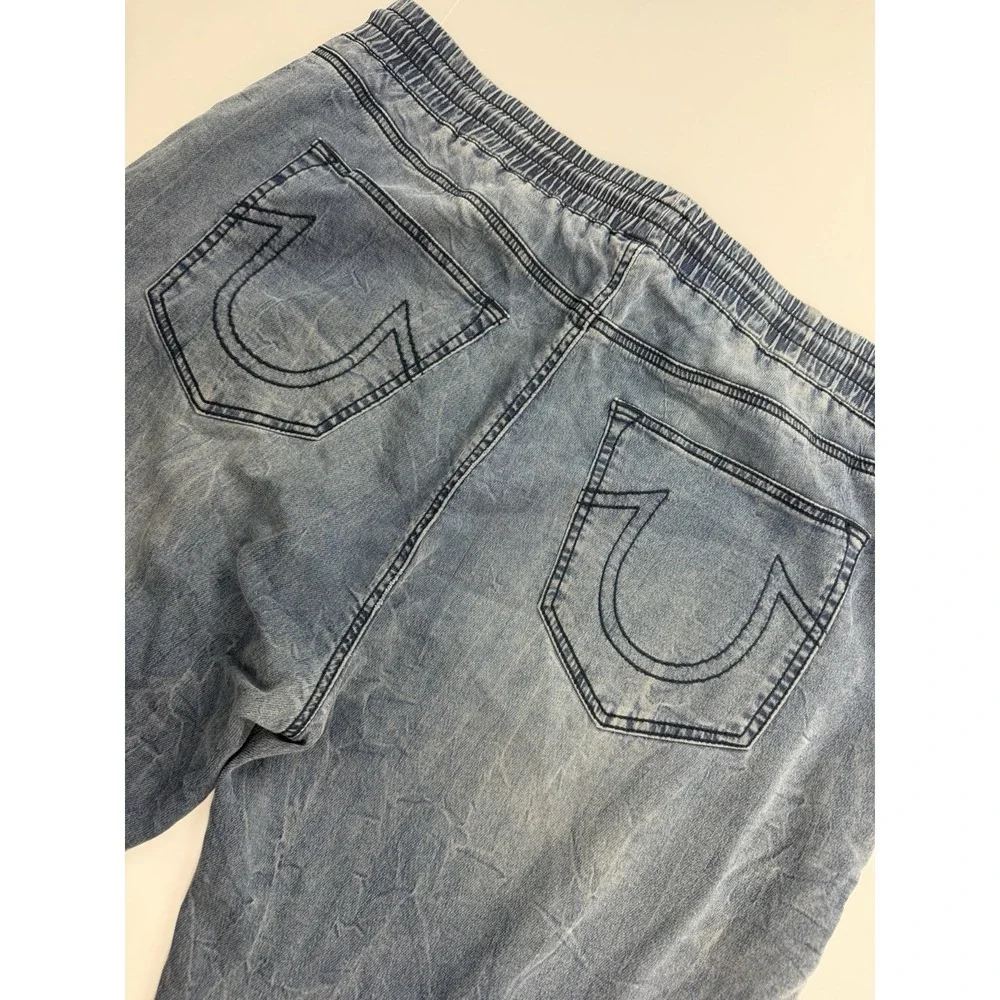True Religion Jogger Pants Men's Approx 40 Blue Denim Contrast Panel Drawstring