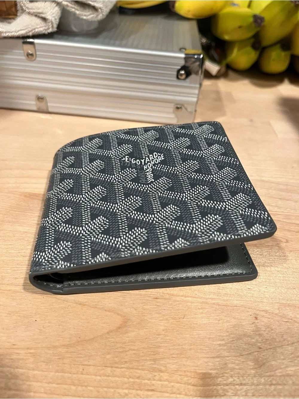 Gray Leather Card Wallet with Embossed Logo