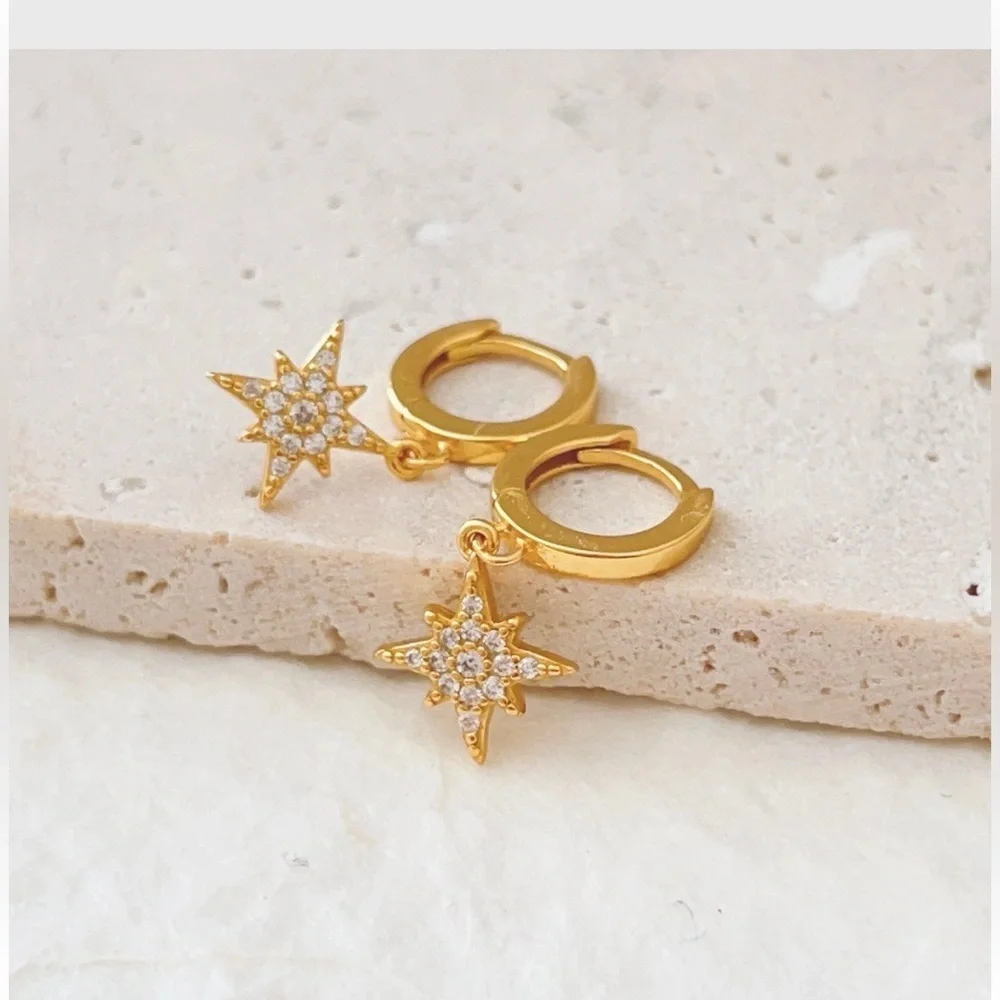 925 Sterling Silver Dangle North Star Hoop Earrings,