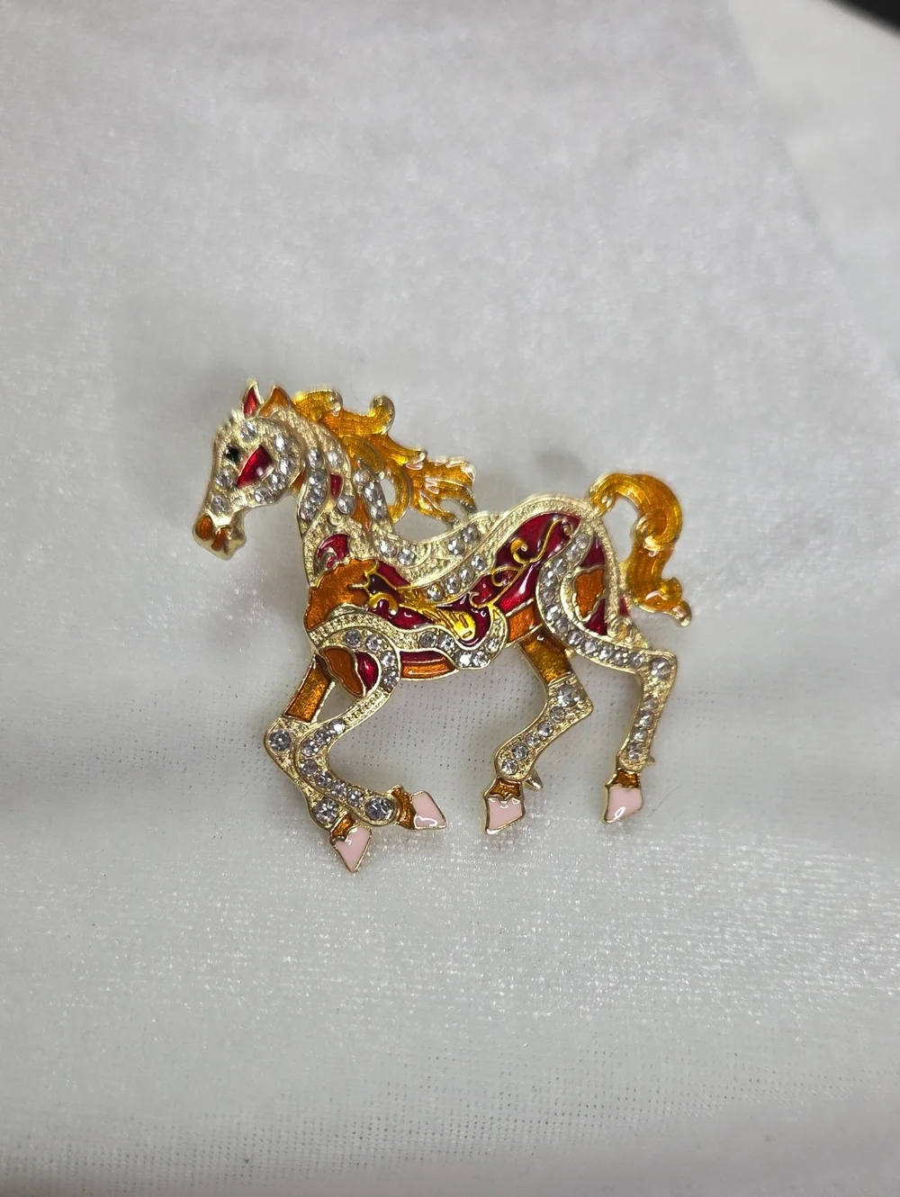 Women's Orange Red Horse Brooch Retro Style Pin Rhinestones Elegant Gold Tone
