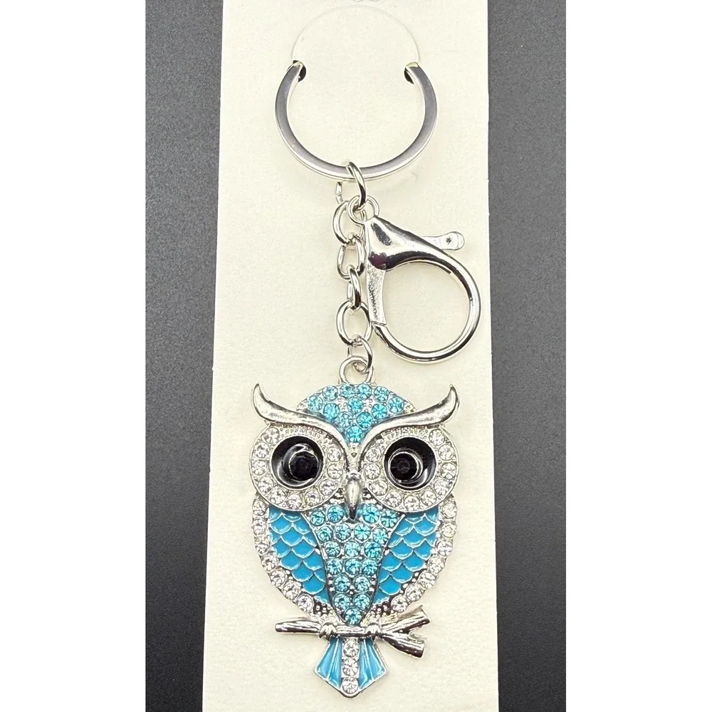 Blue Rhinestone Crystal Owl‎ Keychain Silver Tone Bag Charm Purse Clip