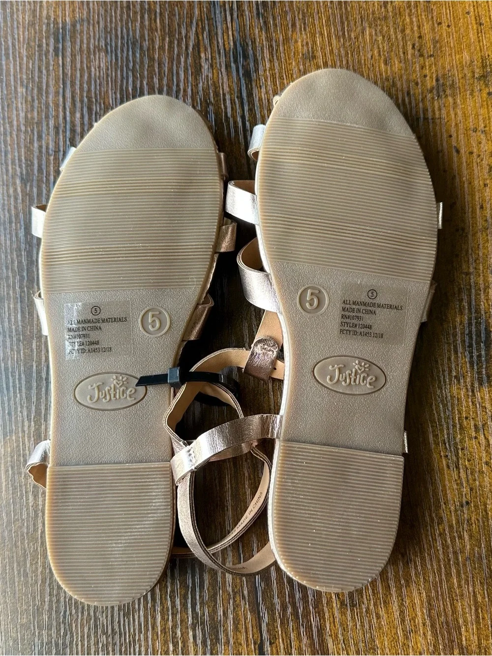 Justice Rose Gold Metallic T-Strap Girls Sandals