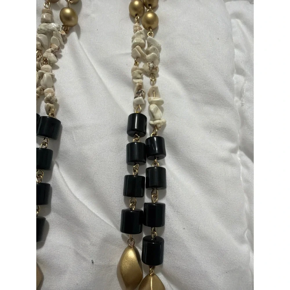 Multi Strand Beaded Statement Necklace Gold Cream Black Eclectic Layered