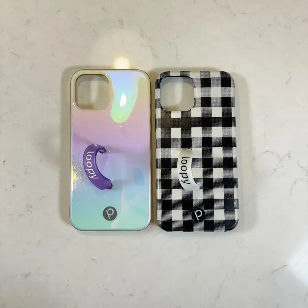 Pair Of Two Loopy iPhone 12 Cases - iridescent and checker print