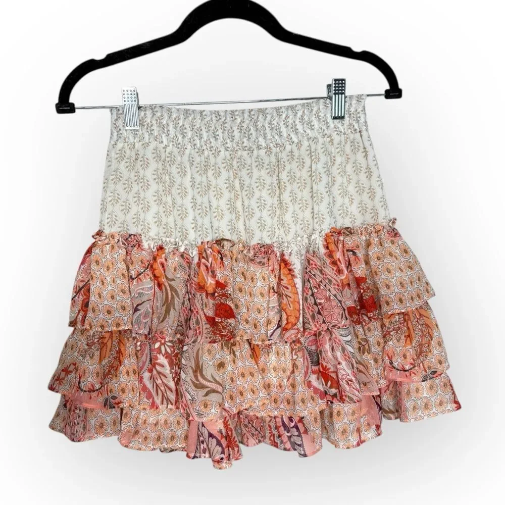 MISA Marina Tiered Ruffle Flirty Floral Flowy Skirt Size XS