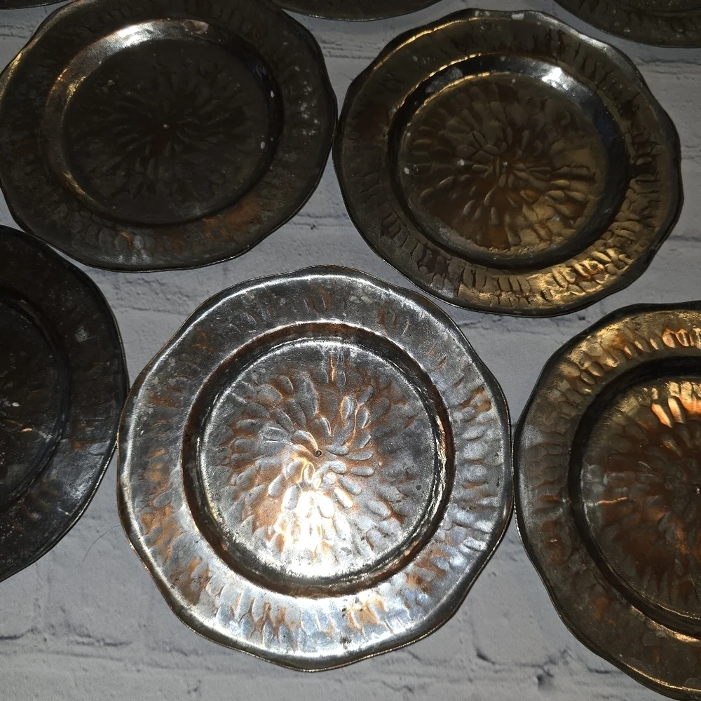 Vintage Hand Hammered Copper Dessert Plate Set Of 8