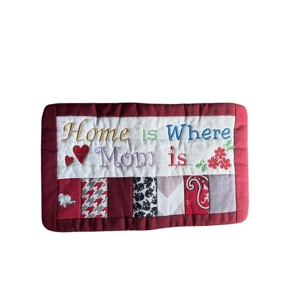 Handmade Home Is Where Mom Is Quilted Wall Hanging Tapestry Patchwork Burgundy