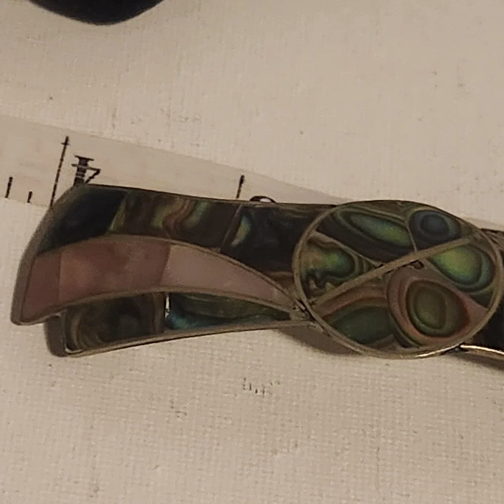 Vintage Alpaca Mexico Abalone Mother of Pearl Inlay Bow Hair Barrette Clip 3.5in