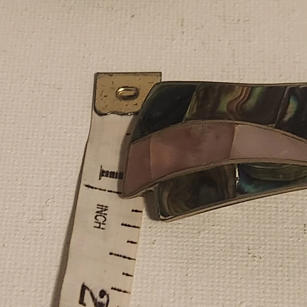 Vintage Alpaca Mexico Abalone Mother of Pearl Inlay Bow Hair Barrette Clip 3.5in