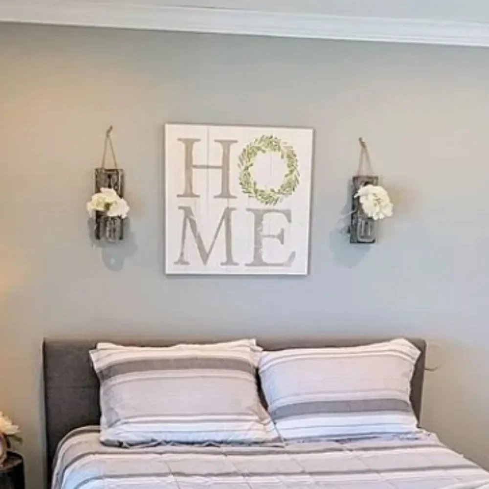 Gray Wood Wall Hooks Hanging Mason Jars Lights And Flowers Decor Cottagecore